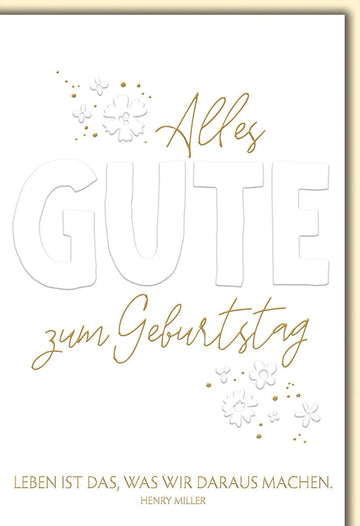 Geburtstagskarte Elegant – Goldene Schrift mit Blumen und Henry Miller Zitat