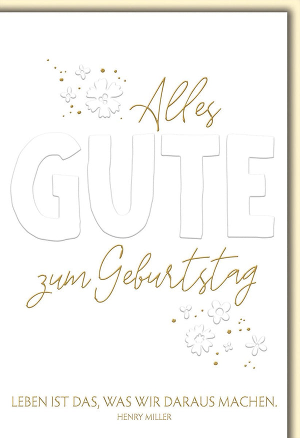 Geburtstagskarte Elegant – Goldene Schrift mit Blumen und Henry Miller Zitat