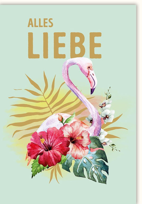 Geburtstagskarte – Elegante Flamingo-Illustration mit Blumen, Charmante Glückwunschkarte für besondere Anlässe, Stilvolle Geschenkdekoration