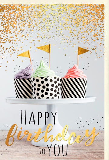 Geburtstagskarte - Elegante Glückwünsche mit Cupcakes, Konfetti & Goldakzenten für eine stilvolle Feier