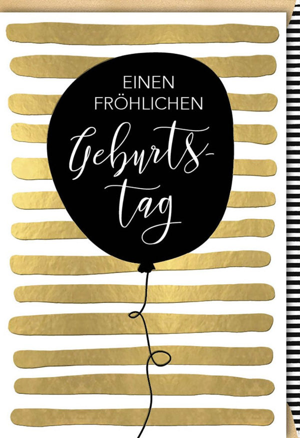 Geburtstagskarte: Elegantes Ballon- & Streifen-Design in Gold, Schwarz & Weiß für Freunde & Familie