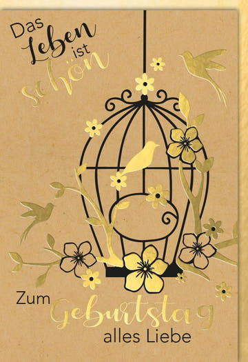 Geburtstagskarte - Elegantes Vogelkäfig - Design mit Goldblüten für besondere Glückwünsche