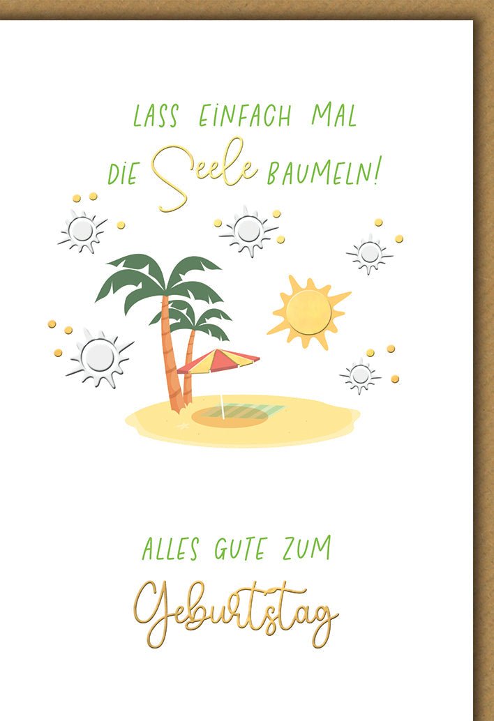 Geburtstagskarte Entspannung – Tropische Insel mit Palme und Sonnenschirm in Pastellfarben
