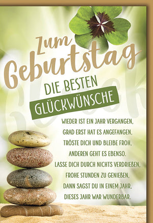 Geburtstagskarte Entspannung – Zen-Steine mit Kleeblatt und beruhigendem Spruch