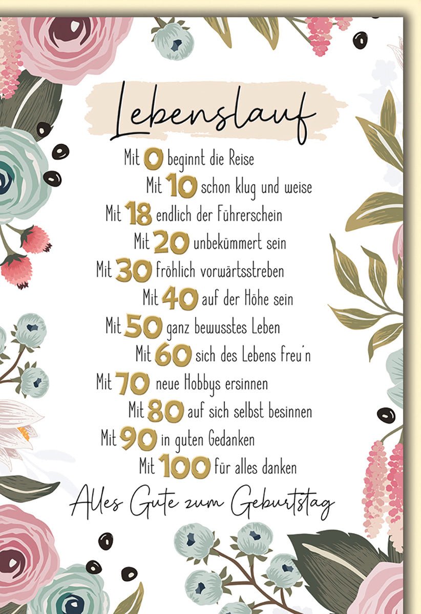 Geburtstagskarte Erwachsene – Lebenslauf Gedicht mit Blumen und Goldakzenten