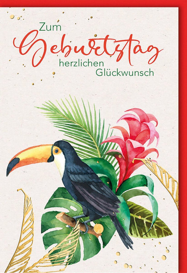 Geburtstagskarte - Exotischer Tukan mit Aquarellblumen & Pflanzen, Bunte Naturmotive für besondere Anlässe