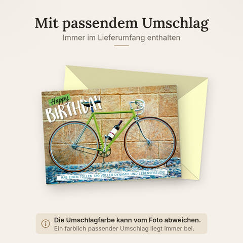 Geburtstagskarte Fahrrad mit Weinflasche und Spruch Happy Birthday moderne Glückwunschkarte Geburtstag Lebensfreude für Radfahrer