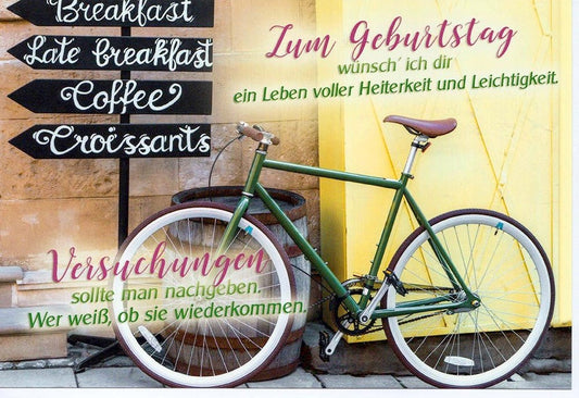 Geburtstagskarte Fahrrad Vintage Design mit Spruch Heiterkeit Leichtigkeit Glückwunschkarte Geburtstag Versuchungen Croissants Café Flair