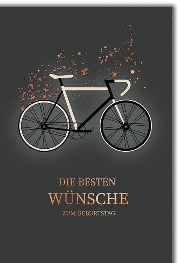 Geburtstagskarte Fahrradliebhaber – Modernes Fahrrad mit Kupferakzenten auf Dunkelgrau