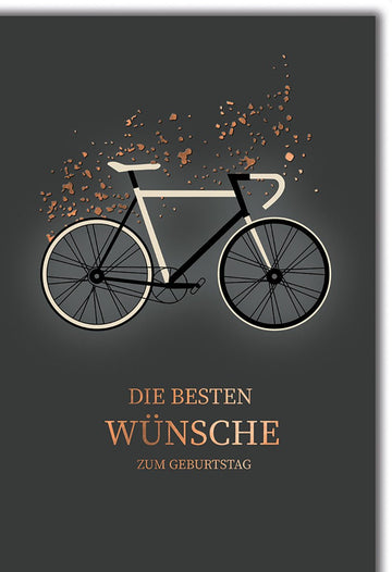 Geburtstagskarte Fahrradliebhaber – Modernes Fahrrad mit Kupferakzenten auf Dunkelgrau