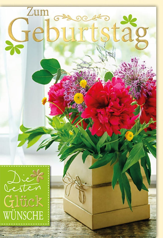 Geburtstagskarte: Farbenfrohe Blüten und Glückwünsche mit Blumenstrauß in Vase