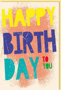 Geburtstagskarte - Farbenfroher Schriftzug auf Zuckerrohrpapier in Gelb, Blau & Rot, Glückwunschkarte für Erwachsene und Kinder