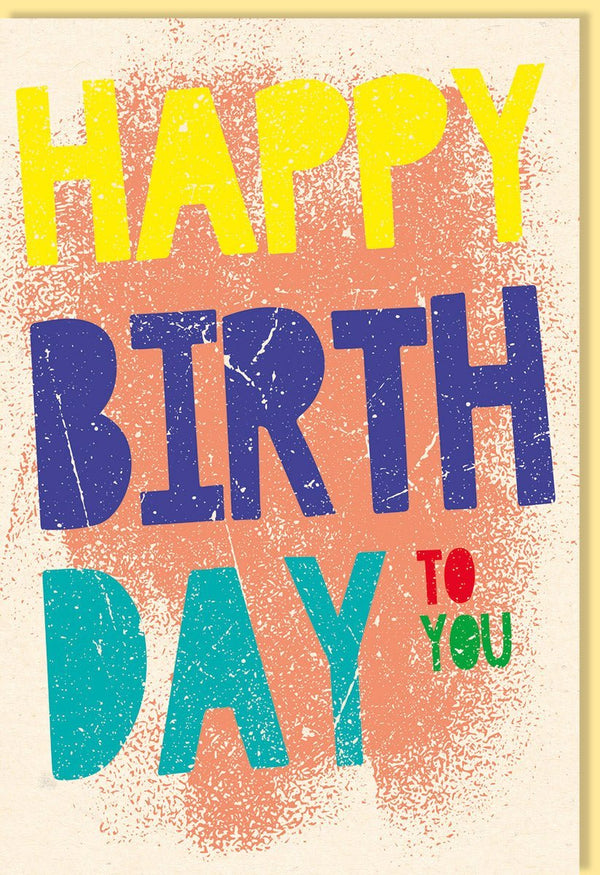 Geburtstagskarte - Farbenfroher Schriftzug auf Zuckerrohrpapier in Gelb, Blau & Rot, Glückwunschkarte für Erwachsene und Kinder
