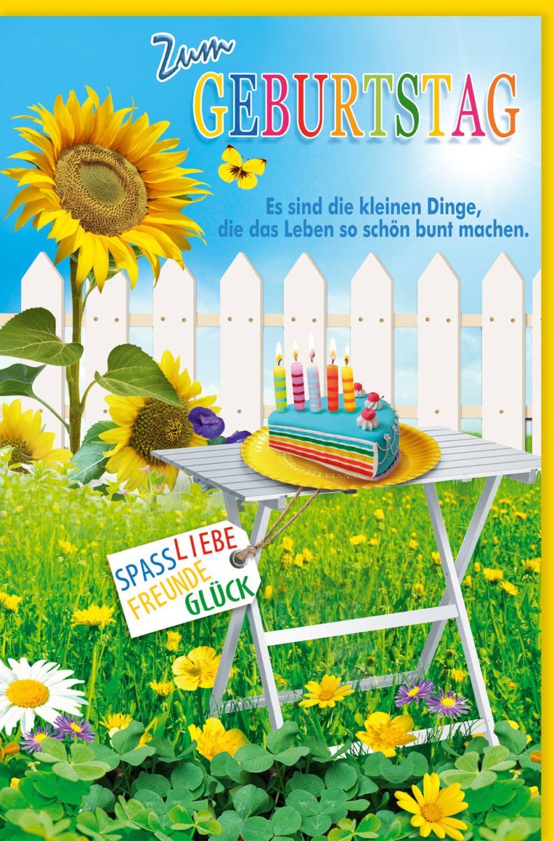 Geburtstagskarte - Farbenfrohes Sonnenblumen - Design mit Kuchen, Natur - Feierliche Glückwünsche