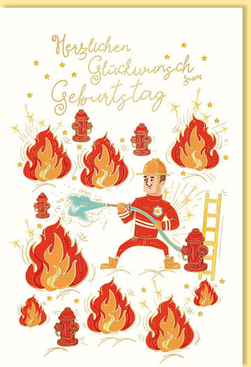 Geburtstagskarte Feuerwehrheld: Comic - Design, Goldschrift, Rot - Gelb für Kinder & Erwachsene, voller Begeisterung & Mut