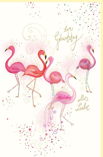 Geburtstagskarte Flamingos in Rosa mit Goldprägung und Konfetti liebevoll gestaltet Glückwunschkarte zum Geburtstag alles Liebe