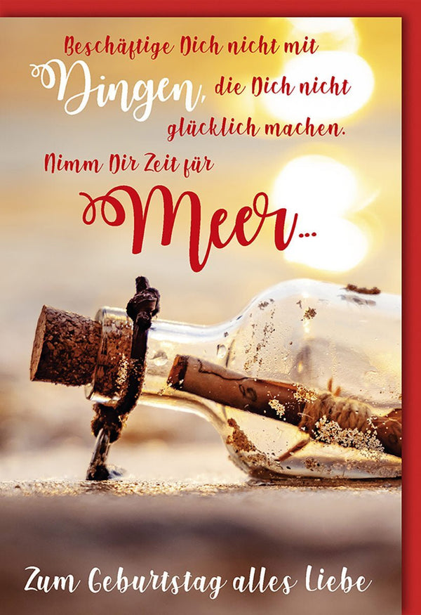 Geburtstagskarte Flaschenpost am Strand: Nimm Dir Zeit für Meer und Glück, alles Liebe zum Geburtstag