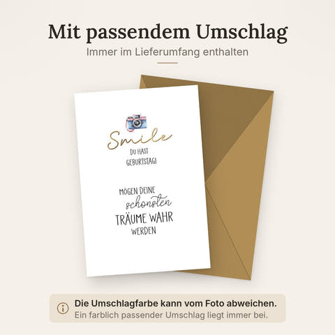 Geburtstagskarte Fotografie – Retro Kamera mit inspirierendem Wunschtext