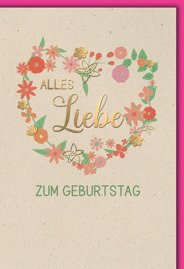 Geburtstagskarte Frauen – Blumenherz mit Goldschrift auf Naturpapier