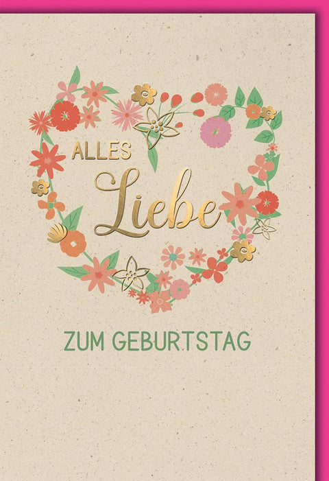 Geburtstagskarte Frauen – Blumenherz mit Goldschrift auf Naturpapier