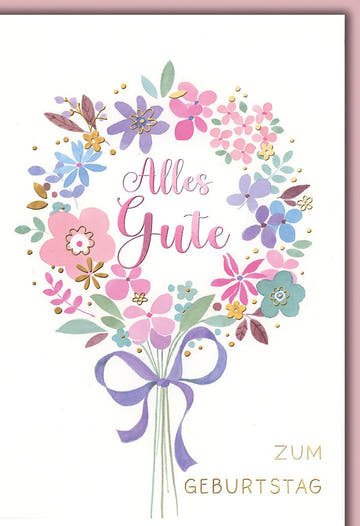 Geburtstagskarte Frauen – Blumenkranz in Pastell mit lila Schleife und Goldakzenten