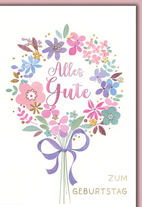 Geburtstagskarte Frauen – Blumenkranz in Pastell mit lila Schleife und Goldakzenten