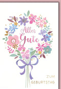 Geburtstagskarte Frauen – Blumenkranz in Pastell mit lila Schleife und Goldakzenten