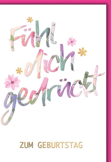 Geburtstagskarte Frauen – Bunte Aquarell - Schrift mit Blumen und Goldakzenten