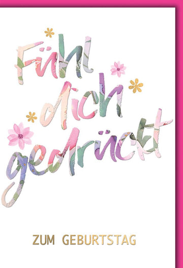 Geburtstagskarte Frauen – Bunte Aquarell - Schrift mit Blumen und Goldakzenten