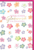 Geburtstagskarte Frauen – Bunte Aquarellblumen mit Goldschrift und modernem Design