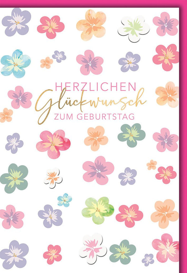 Geburtstagskarte Frauen – Bunte Aquarellblumen mit Goldschrift und modernem Design