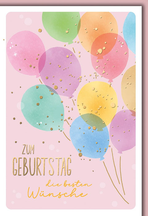 Geburtstagskarte Frauen – Bunte Ballons mit Goldakzenten auf Pastellhintergrund