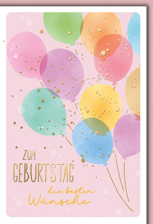 Geburtstagskarte Frauen – Bunte Ballons mit Goldakzenten auf Pastellhintergrund