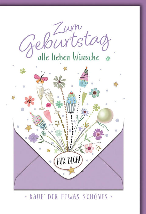 Geburtstagskarte Frauen – Bunte Cupcakes und Blumen mit Champagner und Geschenkumschlag