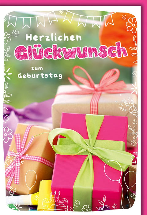 Geburtstagskarte Frauen – Bunte Geschenke mit Blumen und verspieltem Design