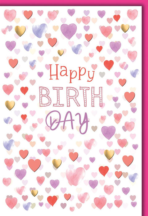 Geburtstagskarte Frauen – Bunte Herzen in Aquarell mit Goldakzenten und verspieltem Schriftzug