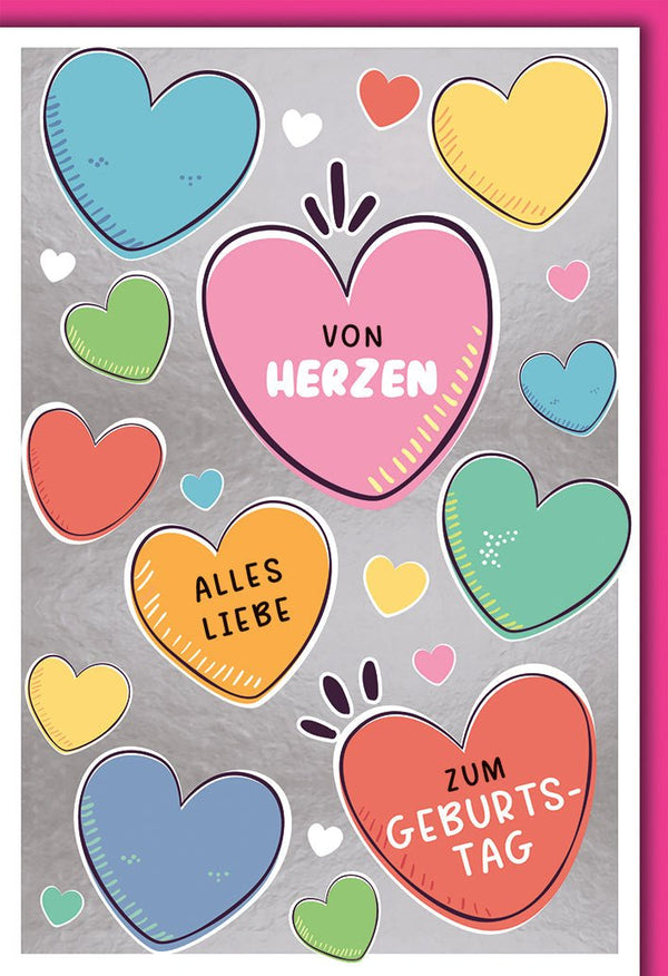 Geburtstagskarte Frauen – Bunte Herzen mit liebevollen Sprüchen und modernem Design