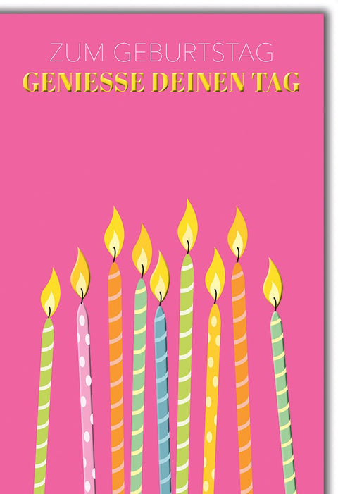 Geburtstagskarte Frauen – Bunte Kerzen auf Pink mit fröhlichem Schriftzug