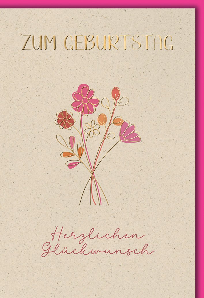 Geburtstagskarte Frauen – Bunter Blumenstrauß mit Goldschrift auf Naturpapier
