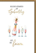 Geburtstagskarte Frauen – Champagnerflasche mit Gläsern in festlichem Aquarellstil