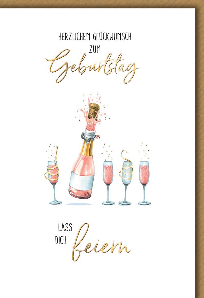 Geburtstagskarte Frauen – Champagnerflasche mit Gläsern in festlichem Aquarellstil