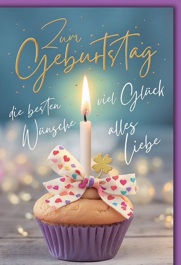 Geburtstagskarte Frauen – Cupcake mit Herzchen-Schleife und leuchtender Kerze