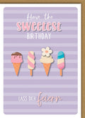 Geburtstagskarte Frauen – Eiscreme-Motive auf lila Streifen mit verspieltem Text