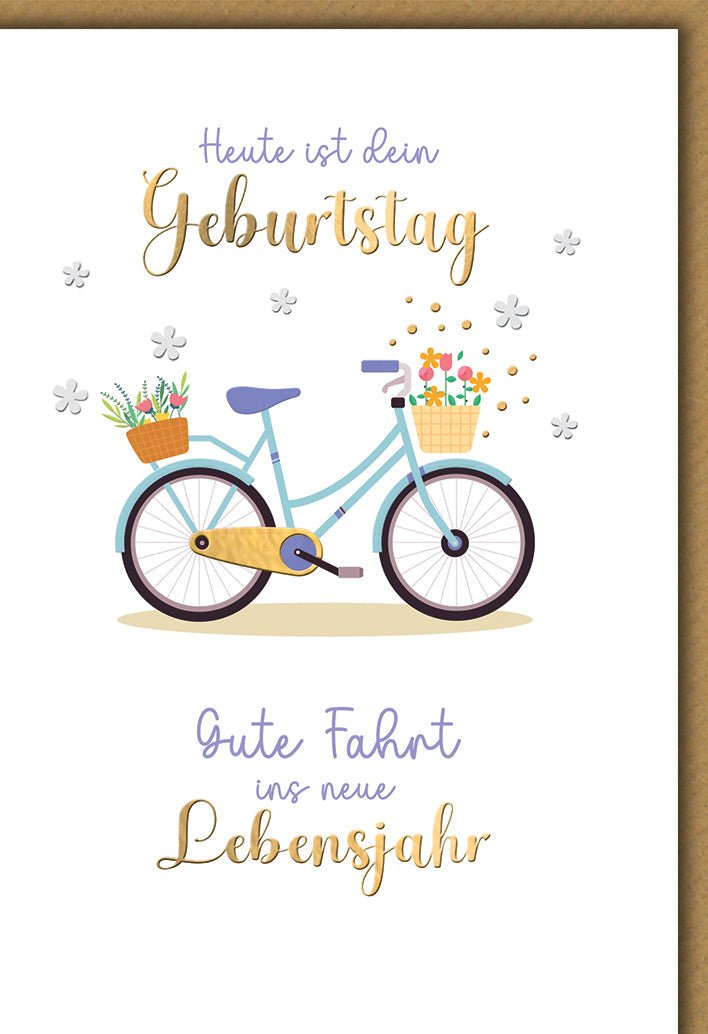 Geburtstagskarte Frauen – Fahrrad mit Blumen und verspieltem Goldschrift - Design