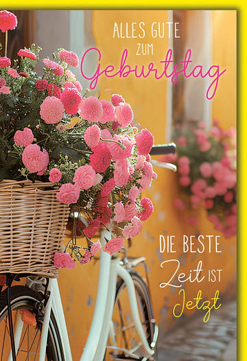 Geburtstagskarte Frauen – Fahrrad mit Korb voller rosa Blumen im Vintage - Stil