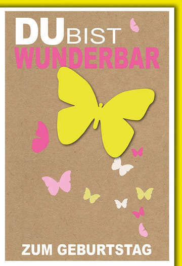 Geburtstagskarte Frauen – Gelber Schmetterling auf Kraftpapier mit Pastellakzenten