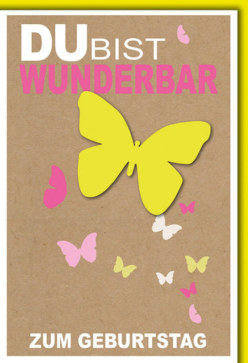 Geburtstagskarte Frauen – Gelber Schmetterling auf Kraftpapier mit Pastellakzenten