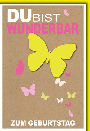 Geburtstagskarte Frauen – Gelber Schmetterling auf Kraftpapier mit Pastellakzenten