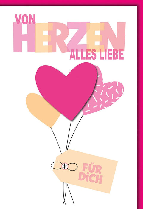 Geburtstagskarte Frauen – Herzballons in Rosa mit modernem Schriftzug und Geschenkanhänger
