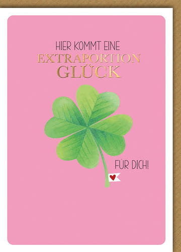 Geburtstagskarte Frauen – Kleeblatt auf Rosa mit Goldschrift und Herz - Detail